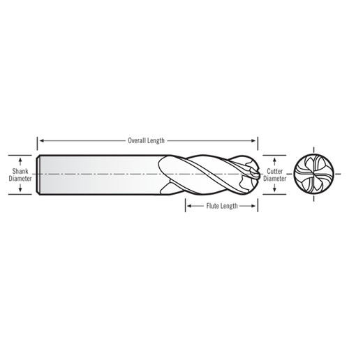 RobbJack MXG-402-06-BN-FL | 6.00mm Diameter x 6.00mm Shank x 57.00mm OAL 4 Flute AlTiN Coated Ball End Mill