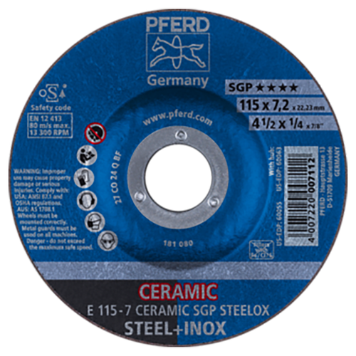 Pferd 62211300 | 60055 4-1/2" Diameter x 1/4" Width Ceramic SGP Steelox Grinding Wheel