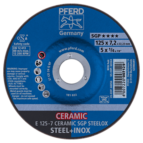 Pferd 62212300 | 60056 5" Diameter x 1/4" Width Ceramic SGP Steelox Grinding Wheel