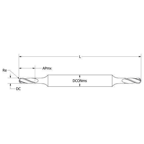 Keo 934-000-051 | 0.094" Diameter x 0.188" Shank x 1.313" Length of Shank x 0.281" Maximum Depth of Cut x 2.625" OAL x 0.047" Radius x 2 Flute HSS-Co Uncoated Double Ended Ball Nose End Mill