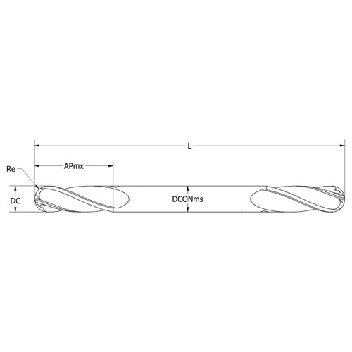 Keo 934-000-098 | 0.188" Diameter x 0.188" Shank x 1.000" Length of Shank x 0.281" Maximum Depth of Cut x 2.000" OAL x 0.094" Radius x 4 Flute HSS-Co Uncoated Double End Ball Nose