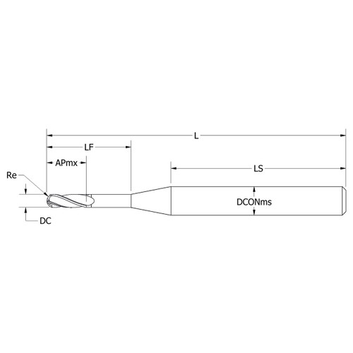 Keo 930-001-156 | 0.031" Diameter x 0.125" Shank x 0.155" Maximum Depth of Cut x 2.500" OAL x 0.016" Radius 3 Flute CVD Coated Carbide Ball Nose End Mill