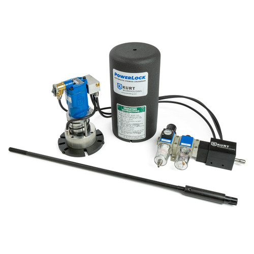 Kurt RL1100 PowerLock drawbar with pneumatic powerhead, air regulator, hoses, control valve, and drawbar rod