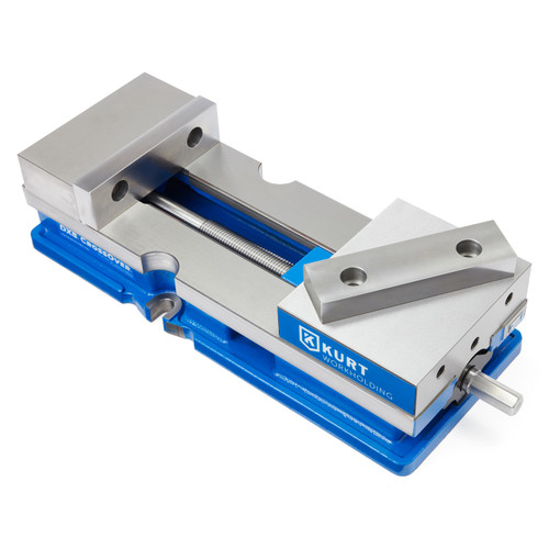 Kurt D80-7 8-inch vise jaw, hardened steel block with flat precision-ground face mounted on blue Kurt vise base