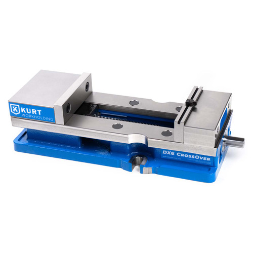 Kurt DX6R reverse-style vise with blue cast base, precision-ground steel body, and opposing jaw configuration