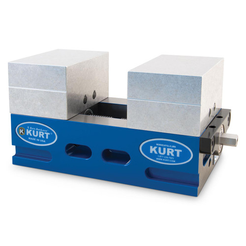 Kurt SCMX425AL blue self-centering vise with two aluminum jaws and side-mounted handle on metal base