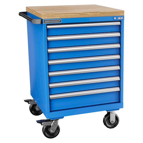 Champion Tool Storage SWS1500-0701ILC-MB8-BBT-BB | 28-1/4" Width x 43-1/4" Height x 22-1/2" Depth 7 Drawer 83 Compartment Powder Coated Steel Modular Compartment With Butcher Block - Bright Blue