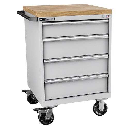 Champion Tool Storage SW1500-0401ILC-MB8-BBT-LG | 28-1/4" Width x 43-1/4" Height x 28-1/2" Depth 4 Drawer 29 Compartments Powder Coated Steel Mobile Modular Cabinet with Butcher Block Top - Light Gray