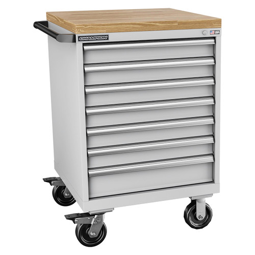 Champion Tool Storage SW1500-0701ILC-MB8-BBT-LG | 28-1/4" Width x 43-1/4" Height x 28-1/2" Depth 7 Drawer 83 Compartments Powder Coated Steel Mobile Modular Cabinet with Butcher Block Top - Light Gray