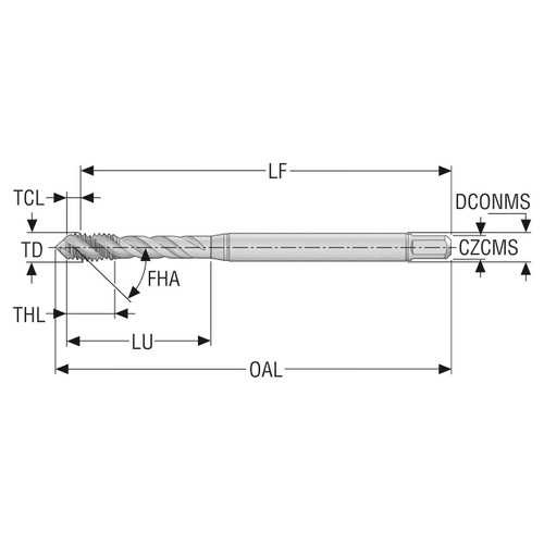 Seco Tools 10138953 | T34-R45H01C03-1.1X0.25-41R M1.1 Thread Size x 0.043" Diameter x 0.098" Shank x 1.614" OAL 45 Degree Helix Angle 2 Flute TiAIN+WC/C Coated HSS-PM Spiral Flute Tap