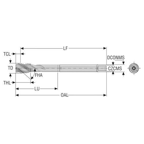 Seco Tools 10138989 | T34A-R45H01C06-14X2-65R M14 Thread Size x 0.551" Diameter x 0.433" Shank x 4.331" OAL 45 Degree Helix Angle 4 Flute TiAIN+WC/C Coated HSS-E-PM Spiral Flute Tap