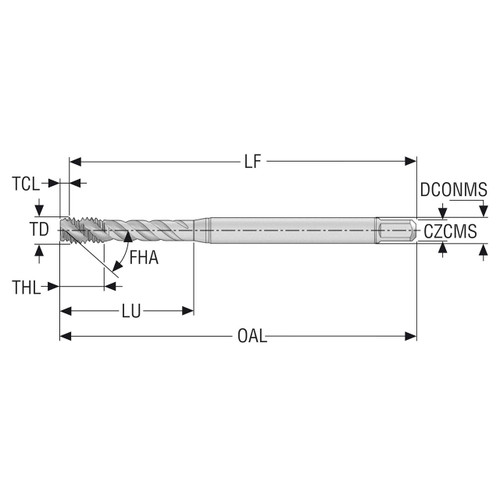 Seco Tools 10139061 | T34-R45H08C03-5/16-18-22R UNC5/16-18 Thread Size x 0.313" Diameter x 0.315" Shank x 3.543" OAL 45 Degree Helix Angle 3 Flute TiAIN+WC/C Coated HSS-E-PM Spiral Flute Tap