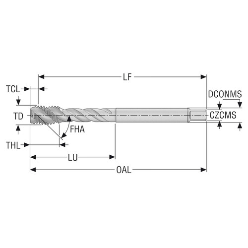 Seco Tools 10139124 | T34-R45H17E06-7/16-20-21R EGUNF7/16-20 Thread Size x 0.503" Diameter x 0.354" Shank x 3.937" OAL 45 Degree Helix Angle 3 Flute TiAIN+WC/C Coated HSS-E-PM Spiral Flute Tap