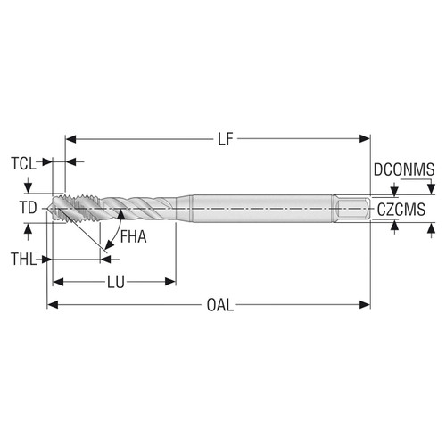 Seco Tools 10139152 | T32-R40N02C03-10X1.25-63R MF10X1.25 Thread Size x 0.394" Diameter x 0.394" Shank x 4.008" OAL 40 Degree Helix Angle 3 Flute TiAIN+TiN Coated HSS-E Spiral Flute Tap