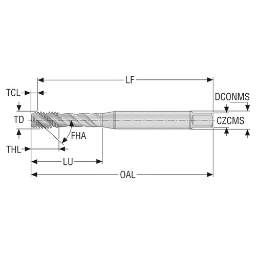 Seco Tools 10139165 | T32-R40N09C03-5/16-24-21R UNF5/16-24 Thread Size x 0.313" Diameter x 0.315" Shank x 3.543" OAL 40 Degree Helix Angle 3 Flute TiAIN+TiN Coated HSS-E Spiral Flute Tap