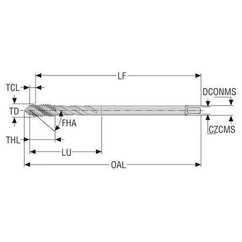 Seco Tools 10139570 | T32-R40N01C06-4X0.7-63R M4 Thread Size x 0.158" Diameter x 0.110" Shank x 2.543" OAL 40 Degree Helix Angle 3 Flute TiAIN+TiN Coated HSS-E Spiral Flute Tap