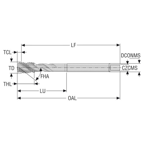 Seco Tools 10139618 | T32-R40N08C06-1_3/8-6-21R UNC13/8-6 Thread Size x 1.375" Diameter x 1.102" Shank x 7.874" OAL 40 Degree Helix Angle 4 Flute TiAIN+TiN Coated HSS-E Spiral Flute Tap