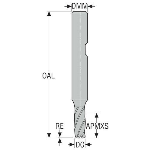 Seco Tools 02703763 | 5.00mm Diameter x 6.00mm Shank x 0.20mm Radius x 55.00mm OAL 3 Flute 48 Degree Helix Angle SIRON-A Coated Carbide Corner Radius End Mill