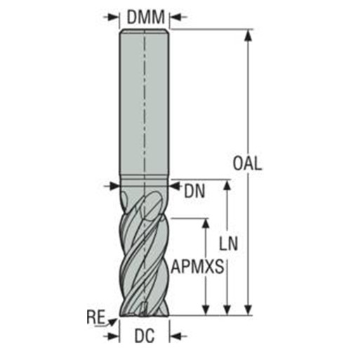 Seco Tools 02823416 | 8.00mm Diameter x 8.00mm Shank x 0.50mm Radius x 65.00mm OAL 4 Flute 42 Degree Helix Angle SIRON-A Coated Carbide Corner Radius End Mill