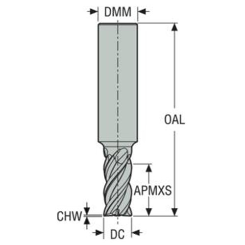 Seco Tools 02828207 | 8.00mm Diameter x 8.00mm Shank x 0.50mm Radius x 60.00mm OAL 4 Flute 40 Degree Helix Angle SIRON-A Coated Carbide Corner Radius End Mill