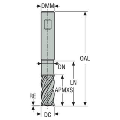 Seco Tools 02828263 | 5.00mm Diameter x 6.00mm Shank x 0.50mm Radius x 55.00mm OAL 4 Flute 40 Degree Helix Angle SIRON-A Coated Carbide Corner Radius End Mill
