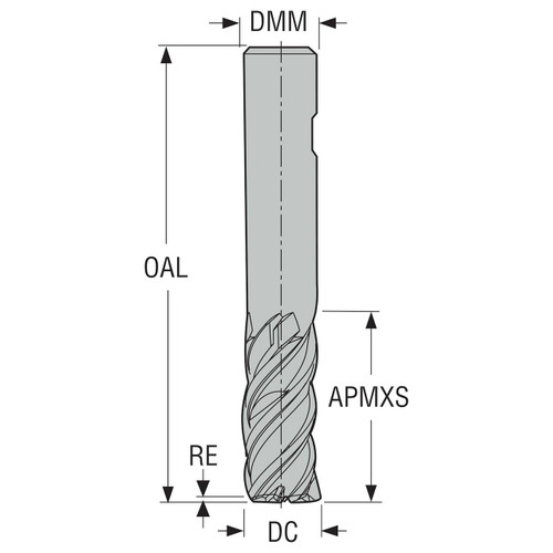 Seco Tools 03135445 | 6.00mm Diameter x 6.00mm Shank x 0.30mm Radius x 47.00mm OAL 4 Flute 44 Degree Helix Angle MEGA-64 Coated Carbide Corner Radius End Mill