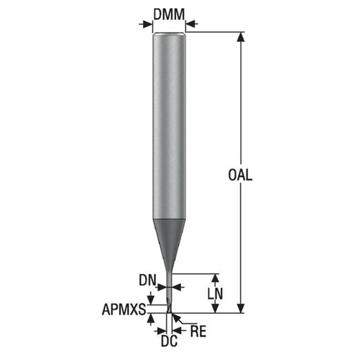 Seco Tools 03171156 | 0.50mm Diameter x 6.00mm Shank x 0.05mm Radius x 50.00mm OAL 2 Flute 30 Degree Helix Angle SIRON-A Coated Carbide Corner Radius End Mill