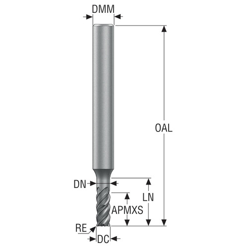 Seco Tools 03186841 | 4.00mm Diameter x 6.00mm Shank x 0.20mm Radius x 57.00mm OAL 4 Flute 48 Degree Helix Angle HXT Coated Carbide Corner Radius End Mill