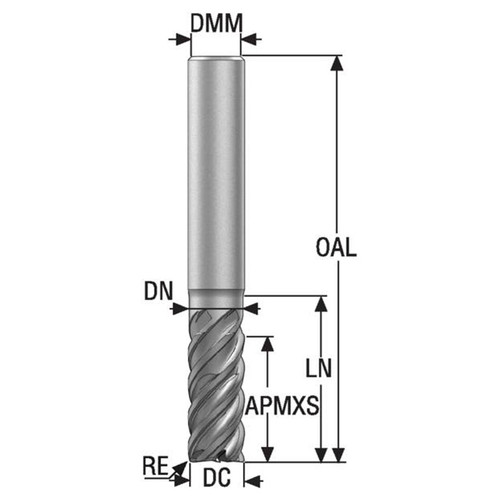 Seco Tools 03186949 | 8.00mm Diameter x 8.00mm Shank x 0.50mm Radius x 75.00mm OAL 5 Flute 48 Degree Helix Angle HXT Coated Carbide Corner Radius End Mill