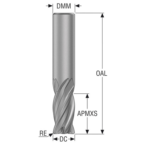 Seco Tools 10201832 | 12.70mm Diameter x 12.70mm Shank x 1.52mm Radius x 76.20mm OAL 4 Flute 35 Degree Helix Angle SIRON-A Coated Carbide Corner Radius End Mill