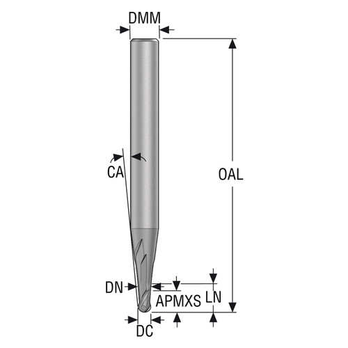 Seco Tools 10072064 | JHB970025G2B.0Z2 2.50mm Diameter x 6.00mm Shank x 1.24mm Corner Radius x 60.00mm OAL x 30 Degree Helix Angle 2 Flute SIRON Coated Carbide Ball End Mill