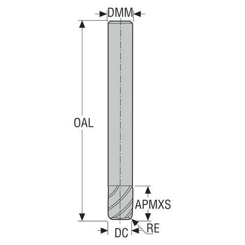 Seco Tools 00022092 | 40K120 12.00mm Diameter x 12.00mm Shank x 0.10mm Corner Radius x 65.00mm OAL x 25 Degree Helix Angle 2 Flute HEMI Coated Carbide Corner Radius End Mill