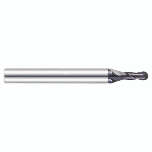 YG1 93427 | 1/28" Diameter x 2/17" Shank x 2/23" LOC x 1-23/40" OAL x 1/56" Radius x 30 Degree Helix Angle 2 Flute AlTiN Coated Carbide Ball Nose End Mill