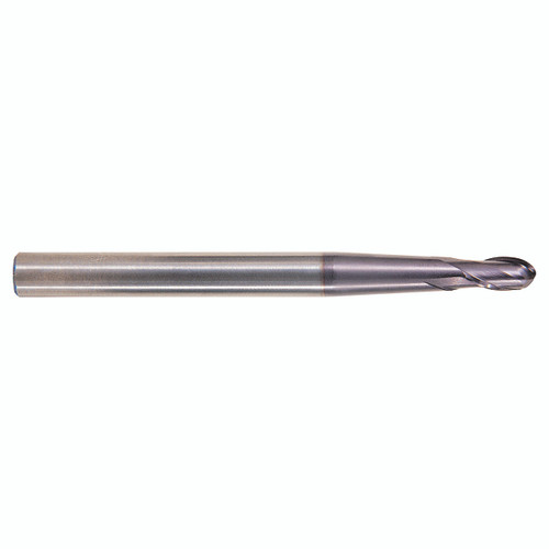 YG1 93530 | 1/4" Diameter x 3/8" Shank x 1/2" LOC x 4-3/8" OAL x 1/8" Radius x 30 Degree Helix Angle 2 Flute AlTiN Coated Carbide Ball Nose End Mill