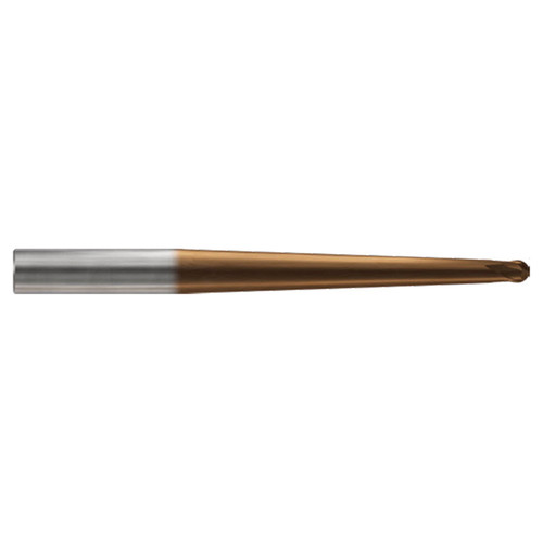 YG1 HPI92925 | 1/85" Diameter x 3/19" Shank x 1/127" LOC x 1-31/32" OAL x 0.15mm Ball Nose Radius x 30 Degree Helix Angle 2 Flute C-Coated Carbide Taper Neck Ball Nose End Mill
