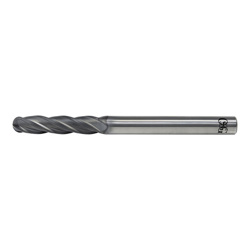 OSG 74300725 | EXOCARB 1/4" Diameter x 0.250" Shank x 1.250" LOC x 4.000" OAL x 0.125" Radius x 30 Degree Helix Angle 4 Flute DG Coated Carbide 7430 Ball End Mill