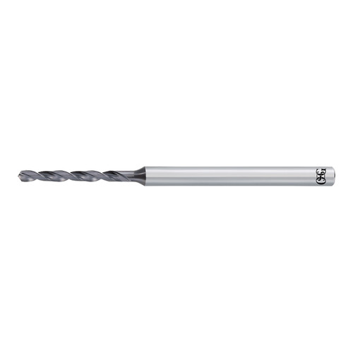 OSG 8577199 | EXOCARB 1.99mm Drill Size x 3.00mm Shank x 24.00mm Flute Length x 58.00mm OAL x 120 Degree Point Angle 2 Flute Super Smooth Coated Carbide 5340 Micro Drill Bit