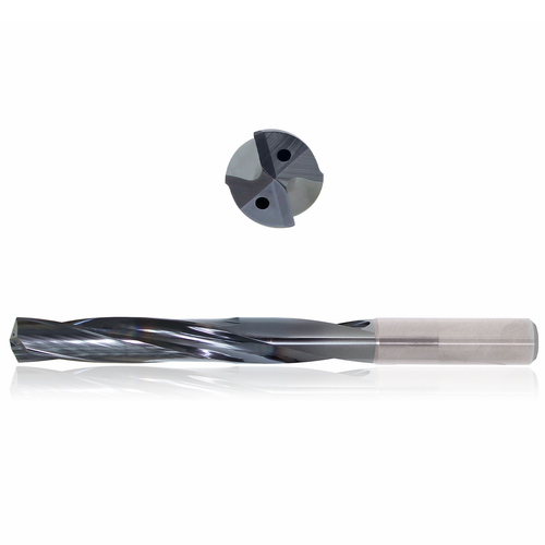 Precision Cutting Tools 9553314 | 12.10mm Size x 0.48mm Diameter x 14.00mm Shank x 60.00mm Flute Length x 107.00mm OAL x 135 Degree Point Angle 2 Flute Sistral Coated Carbide Coolant Fed Drill