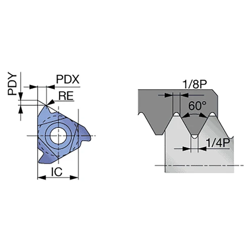 Tungaloy 6911907 | 16EL20ISO AH8015 12.7 TPI x 2.00mm Pitch x 9.52mm Circle Diameter x 0.25mm Radius AlTiN Coated Carbide Laydown Threading Insert