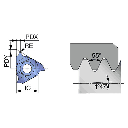 Tungaloy 6912050 | 16ER11PT-M AH8015 11 TPI x 2.31mm Pitch x 9.52mm Circle Diameter x 0.33mm Radius AlTiN Coated Carbide Laydown Threading Insert