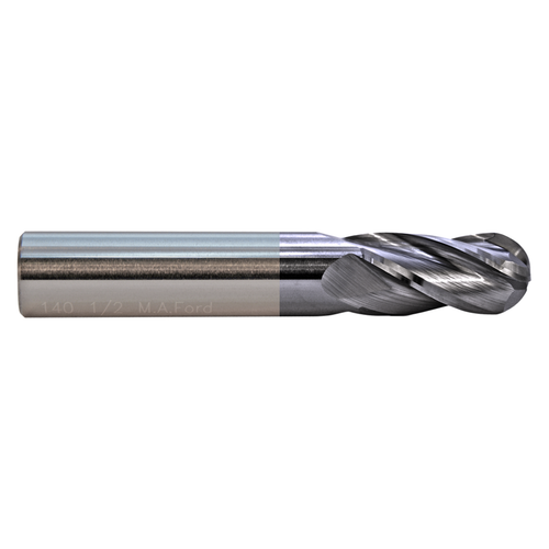 M.A. Ford 14010000A | 1" Diameter x 1.000" Shank x 1-1/2" LOC x 4.000" OAL x 1/2" Radius x 30 Degree Helix Angle 4 Flute ALtima Coated Carbide 140 Ball Nose End Mill