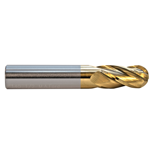 M.A. Ford 14078740T | 20.00mm Diameter x 20.00mm Shank x 38.00mm LOC x 102.00mm OAL x 10.00mm Radius x 30 Degree Helix Angle 4 Flute TiN Coated Carbide 140 Ball Nose End Mill