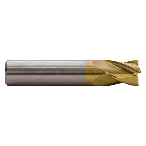 M.A. Ford 16312500T | 1/8" Diameter x 1/8" Shank x 1/4" LOC x 1-1/2" OAL x 30 Degree Helix Angle 4 Flute TiN Coated Carbide 163 Stub Square End Mill
