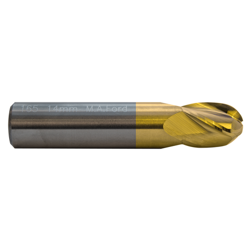 M A Ford 16537500T | 3/8" Diameter x 3/8" Shank x 5/8" LOC x 2.000" OAL x 3/16" Radius x 30 Degree Helix Angle 4 Flute TiN Coated Carbide Ball Nose End Mill