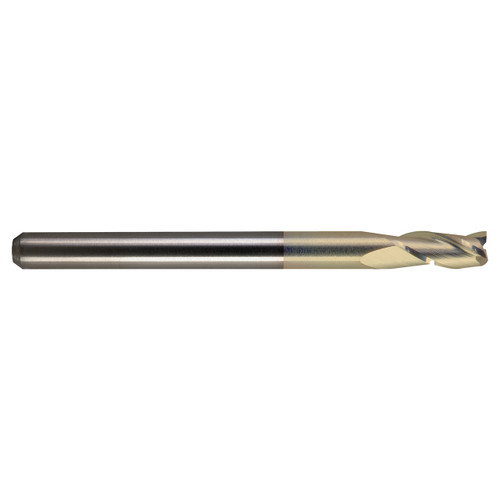 M A Ford 16912500R.015F | 1/8" Diameter x 1/8" Shank x 1/4" LOC x 1.500" OAL x 0.015" Radius x 30 Degree Helix Angle 3 Flute Fordlube Coated Carbide Stub Corner Radius End Mill
