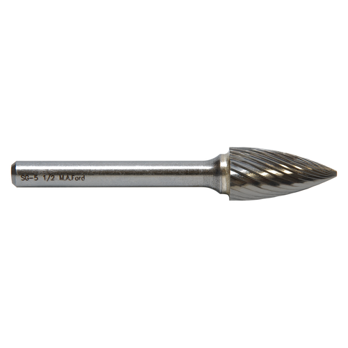 M.A. Ford 46250027L6 | 1/4" Diameter x 1/4" Shank x 5/8" LOC x 6-5/8" OAL 6 LH Flute 16 RH Flute Uncoated Carbide 46SG Pointed End Tree Shape Burr