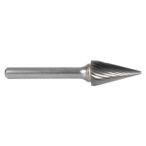 M A Ford 47375037M | 9.50mm Diameter x 6.00mm Shank x 16.00mm LOC x 63.00mm OAL x 28 Degree Included Angle 12 LH Flute Uncoated 30 RH Flute Uncoated Carbide Pointed Cone Shape Burr