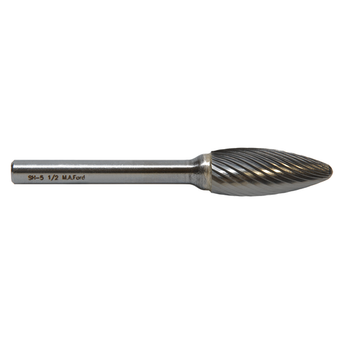 M.A. Ford 49500030L6 | 1/2" Diameter x 1/4" Shank x 1-1/4" LOC x 6-1/4" OAL 35 Flute Uncoated Carbide 49SH Flame Shape Burr