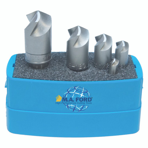 M A Ford 92000016 | 1/4", 3/8", 1/2", 5/8", 3/4" Diameter x 120 Degree Included Angle 3 Flute Uncoated HSS Countersink Set