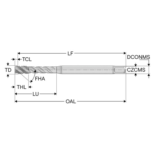 Seco Tools 10280389 | T34-R45H09C95-1-12-22R 1.000" Thread Diameter x 0.800" Shank x 0.232" Tap Length 4 Flute TiAIN+WC/C Coated HSS-E-PM Cylindrical T34 Spiral Flute Tap